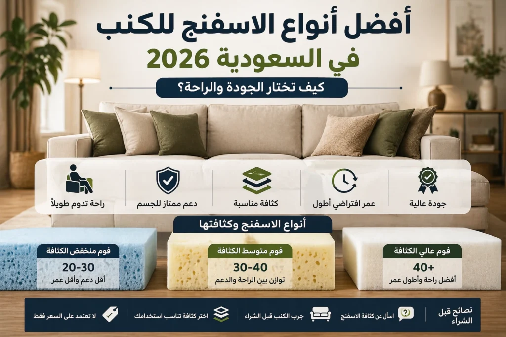 أنواع اسفنج الكنب وكثافة الفوم المناسبة للراحة في السعودية