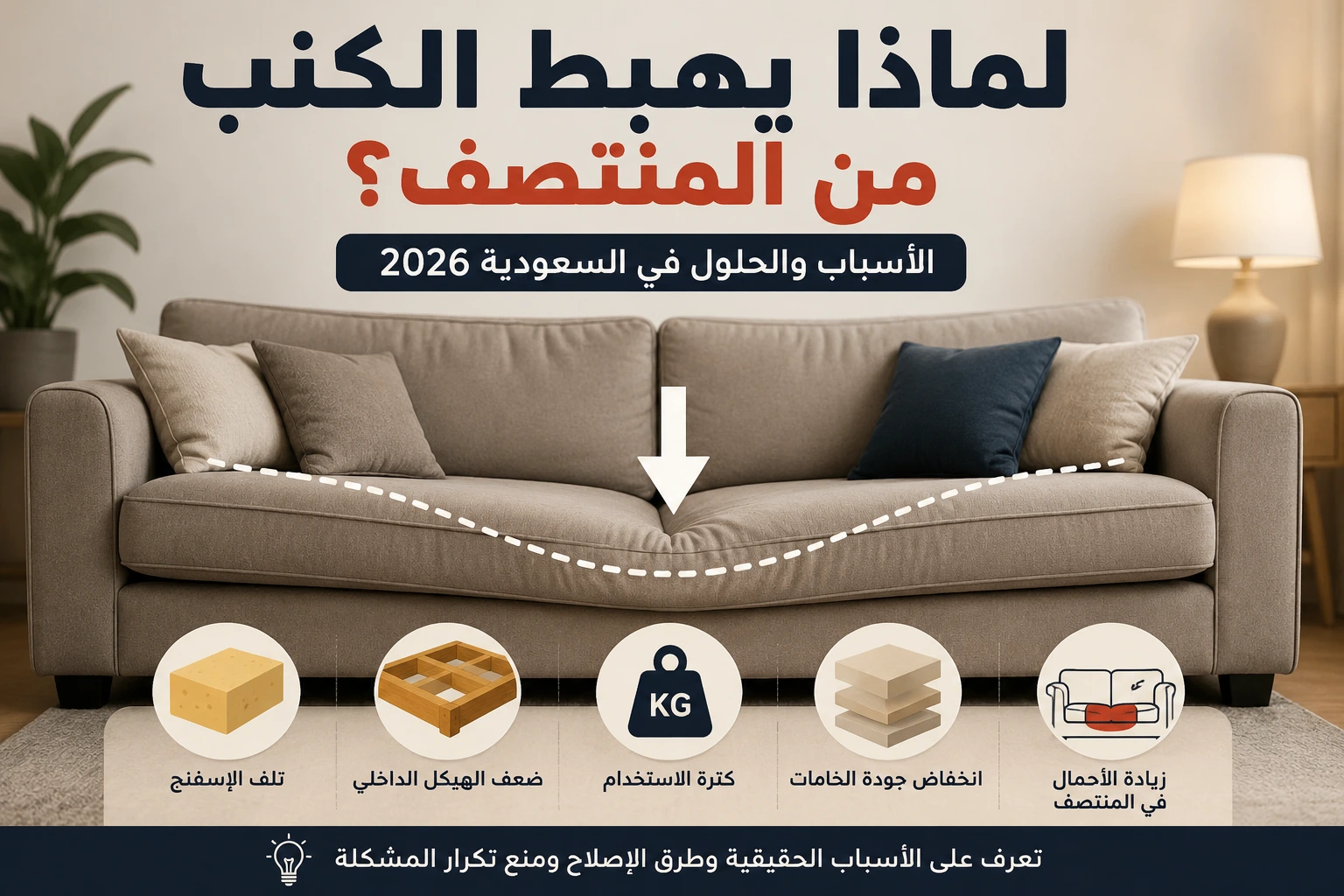 أسباب هبوط الكنب من المنتصف في السعودية مثل تلف الإسفنج وضعف الهيكل الداخلي وكثرة الاستخدام
