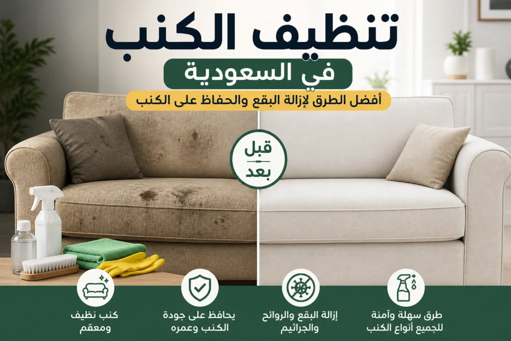 تنظيف الكنب في السعودية قبل وبعد إزالة البقع باستخدام طرق تنظيف مختلفة