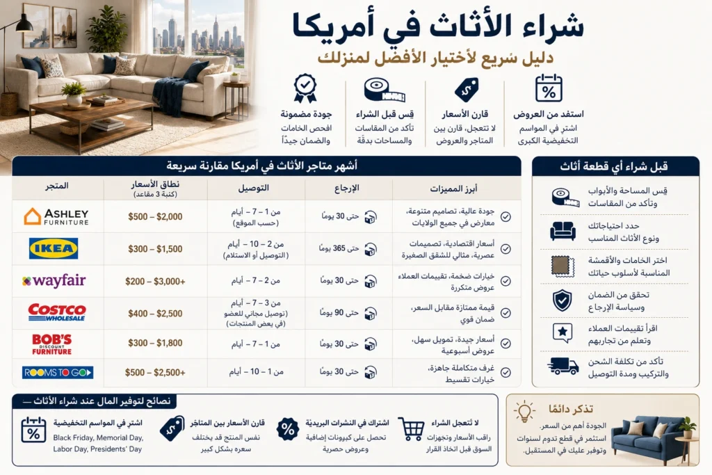 مقارنة بين أفضل متاجر الأثاث في أمريكا مع نصائح شراء الكنب والأثاث للعرب ودليل اختيار المتجر المناسب