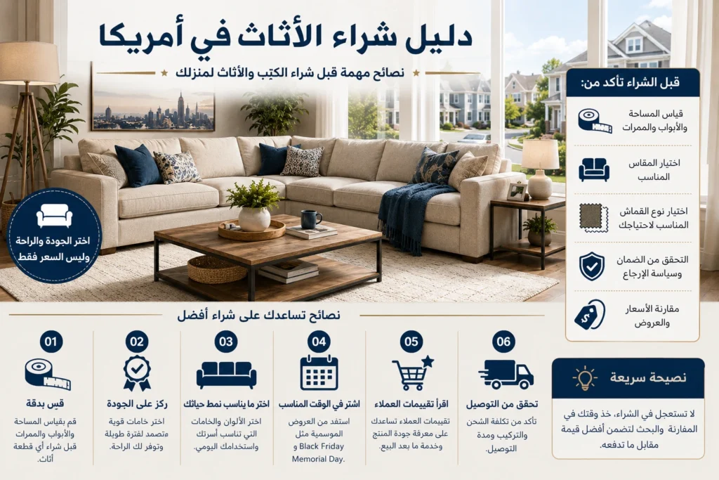 دليل شراء الأثاث في أمريكا للعرب مع أهم النصائح لاختيار الكنبة والأثاث المناسب قبل الشراء