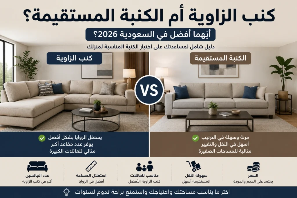 مقارنة بين كنب الزاوية والكنبة المستقيمة في السعودية من حيث المساحة والراحة وعدد الجالسين