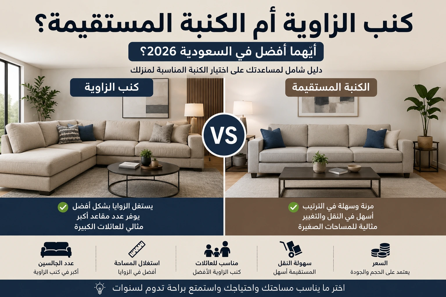 مقارنة بين كنب الزاوية والكنبة المستقيمة في السعودية من حيث المساحة والراحة وعدد الجالسين