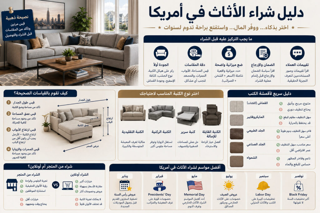 دليل شراء الأثاث في أمريكا يوضح كيفية اختيار الكنبة المناسبة ومقارنة أنواع الأقمشة وأفضل مواسم شراء الأثاث