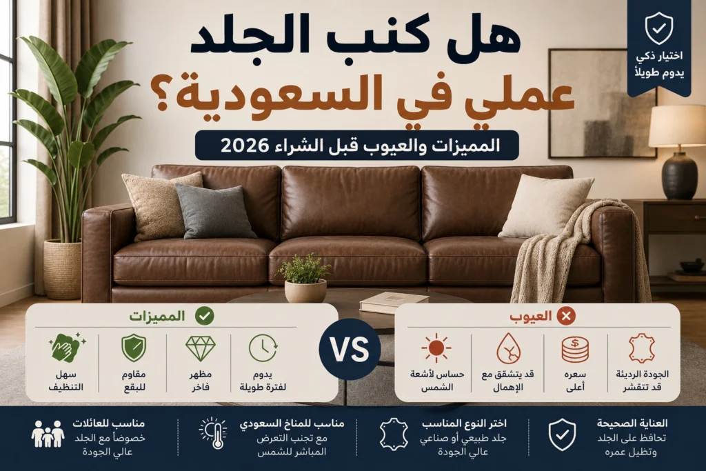 هل كنب الجلد عملي في السعودية مقارنة بالكنب القماش من حيث الراحة والتنظيف والعمر الافتراضي
