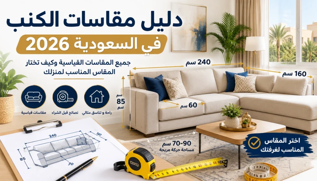 دليل يوضح مقاسات الكنب القياسية وكيفية اختيار المقاس المناسب لغرفة المعيشة.