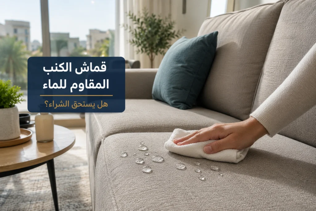 كنبة بقماش مقاوم للماء يوضح مقاومة السوائل وسهولة التنظيف.