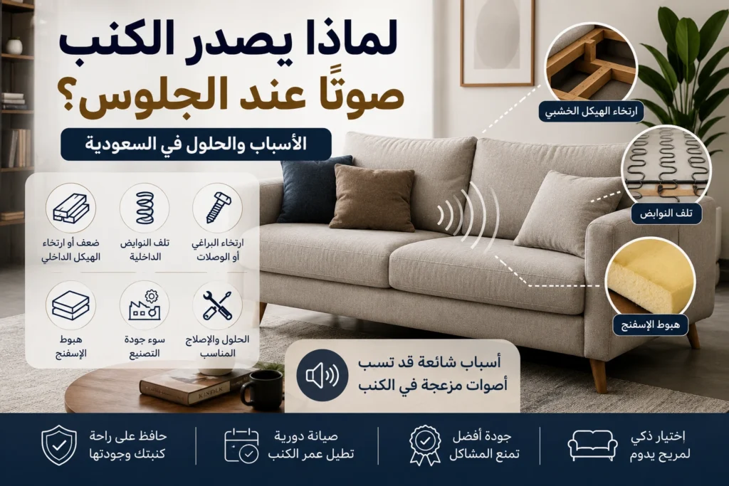 كنبة تصدر صوتًا عند الجلوس مع توضيح أسباب صرير الكنب ومشاكل الهيكل والإسفنج في السعودية