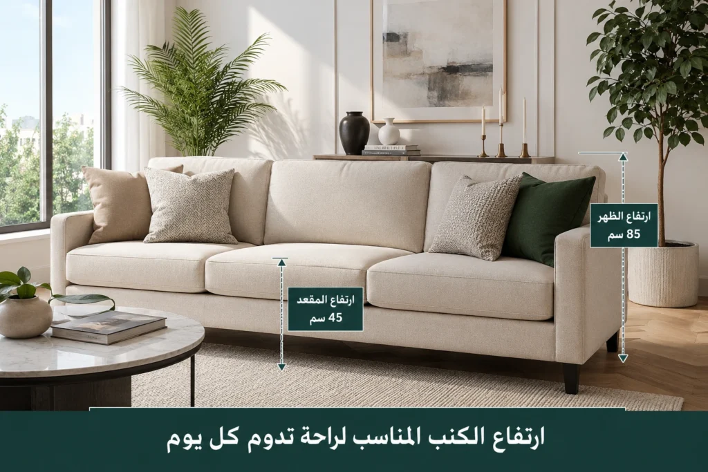 ارتفاع الكنب المناسب مع قياس ارتفاع المقعد والظهر في غرفة معيشة سعودية