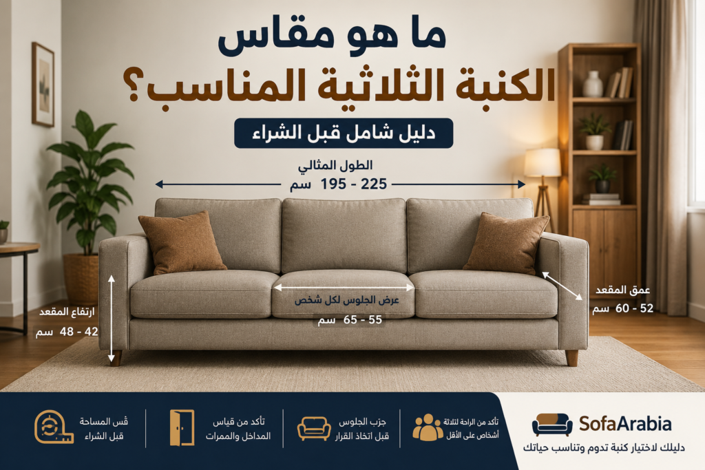 دليل مقاس الكنبة الثلاثية المناسب مع قياسات الطول وعمق المقعد وعرض الجلوس قبل الشراء في السعودية