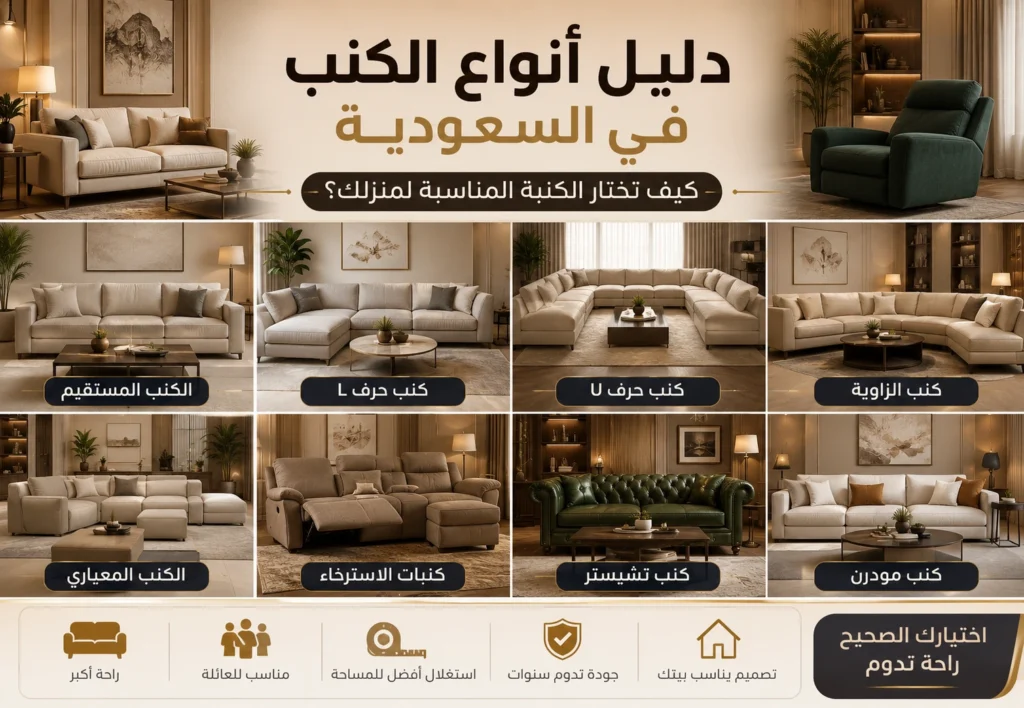 دليل شامل يوضح أشهر أنواع الكنب في السعودية مع مقارنة بين الكنب المستقيم وكنب حرف L وكنب حرف U والكنب المعياري