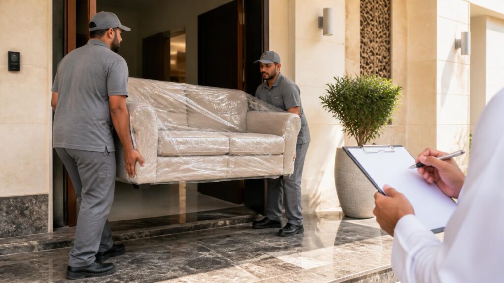 عاملا توصيل يحملان كنبة مغلفة إلى فيلا سعودية مع قائمة فحص الاستلام